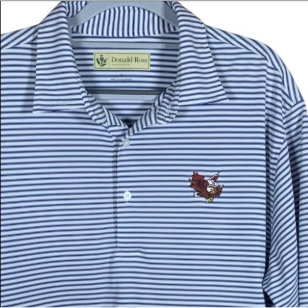 Donald Ross Polo Shirt Mens Large Blue White Striped Eagle Logo Short Slv